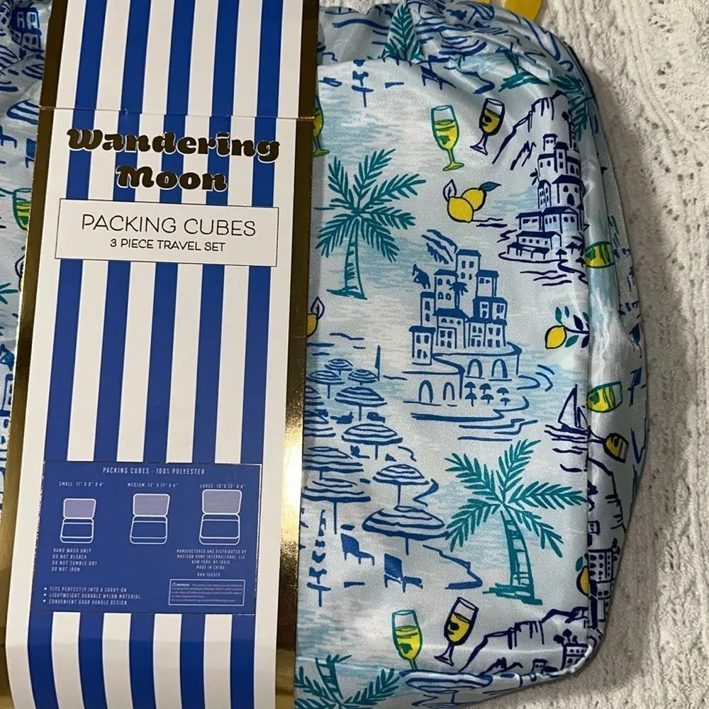 WM Blue Green Yellow Coastal Lemon Mesh Stripe 3 Piece Travel Packing Cube Set